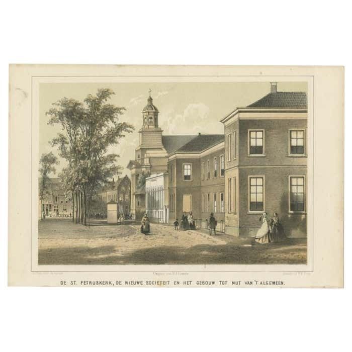 Antique Print Of The St. Petrus Church Of Leiden In The Netherlands, 1859