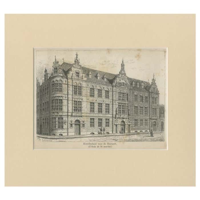 Antique Print Of The Former Maritime Academy Of Amsterdam, C.1890