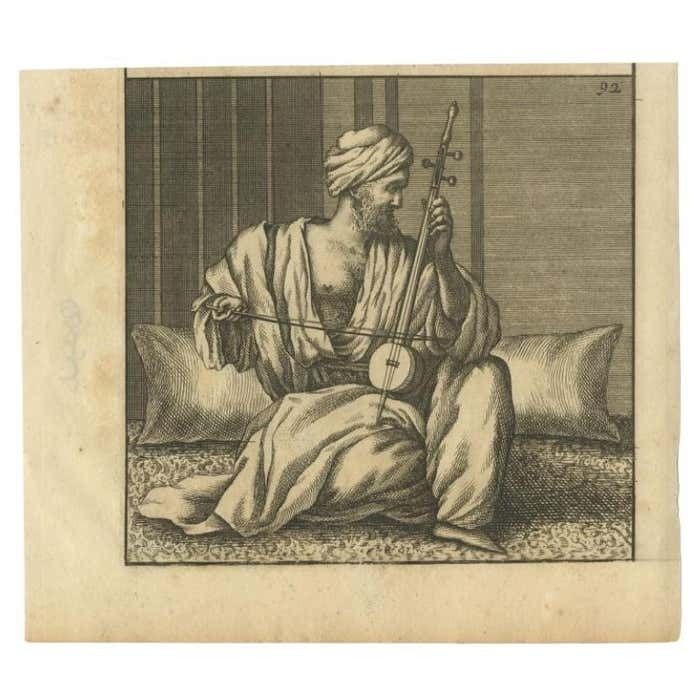 Rare Antique Print Of An Arabian Man Playing A Violin Or Kamanche In Cairo, 1698 photo furniture