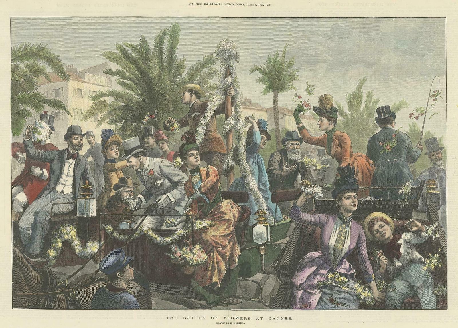 Antique Print Of 'The Battle Of Flowers' At Cannes By Hopkins, '1889' photo furniture