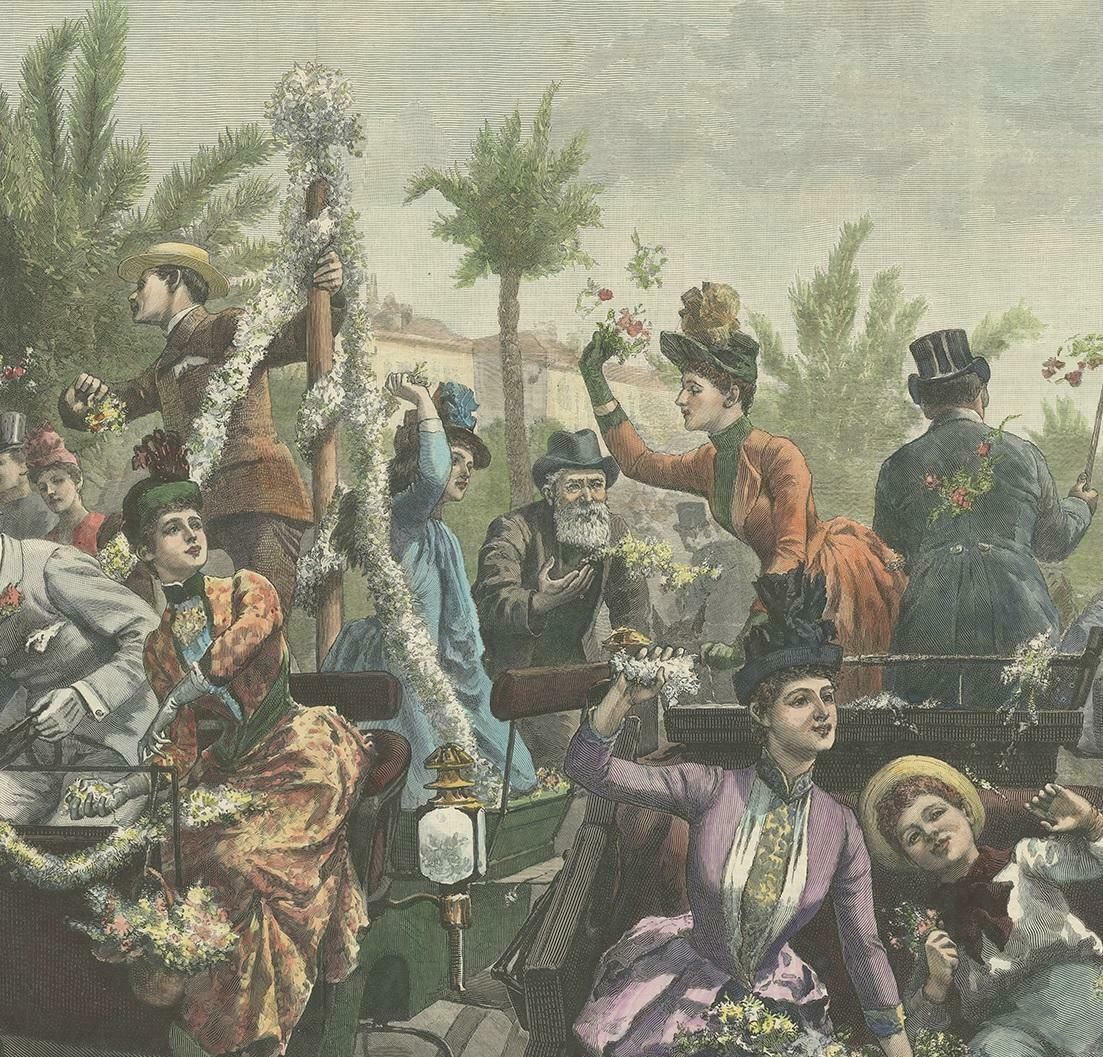 Antique Print Of 'The Battle Of Flowers' At Cannes By Hopkins, '1889' photo Art