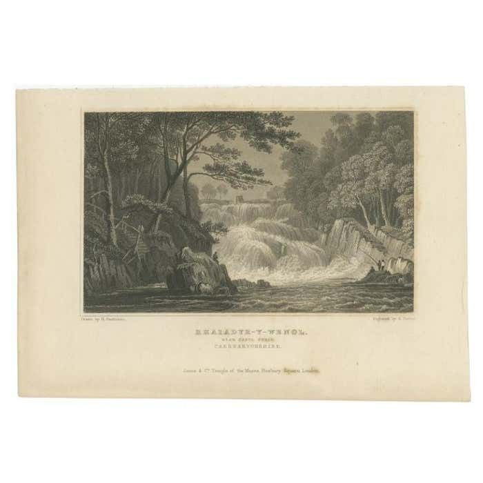 Old Print Of Waterfall At Rhaeadr Y Wenol Near Capel Curig, Caernarfons, Wales