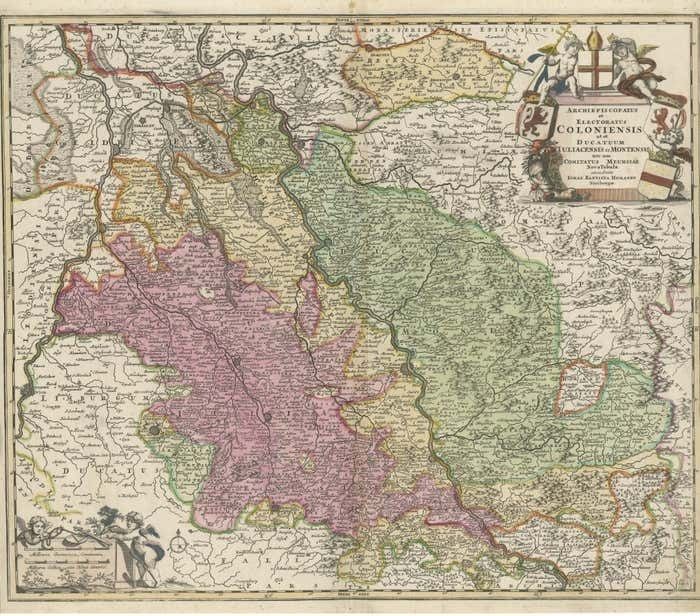Antique Map Of The Rhine Centered On Cologne, Germany photo for sale