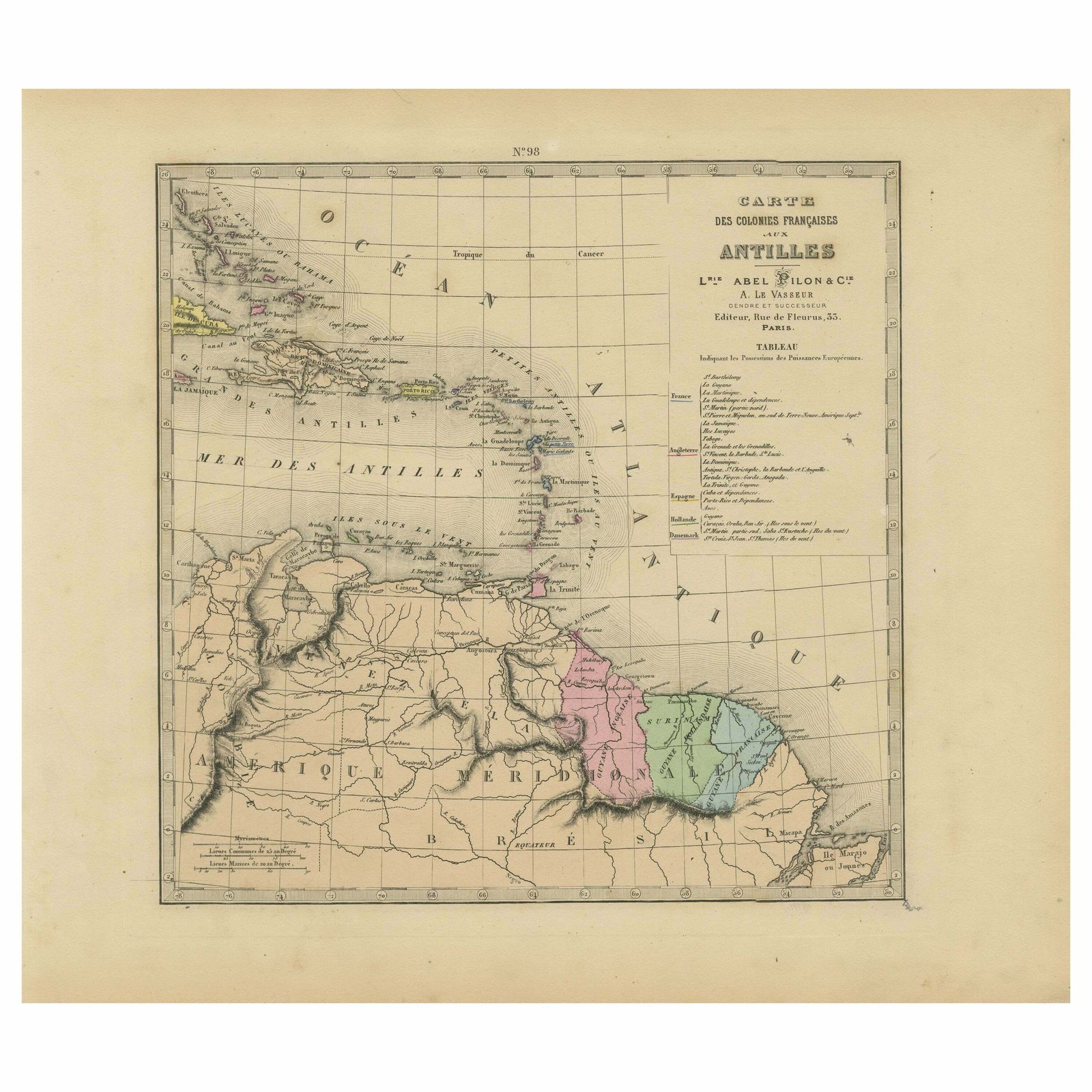 Authentique Map By Pilon Of The French Colonies In The West Indies, 1876