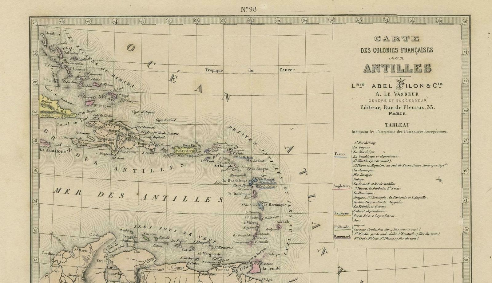 Authentique Map By Pilon Of The French Colonies In The West Indies, 1876 photo Art