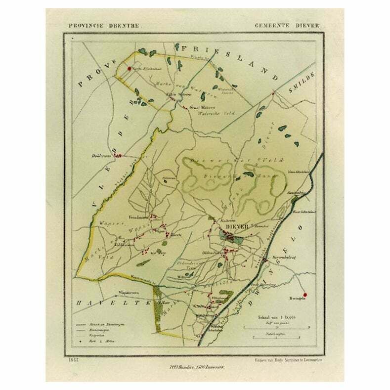 Antique Map Of The Township Of Diever, Drenthe In The Netherlands, 1865