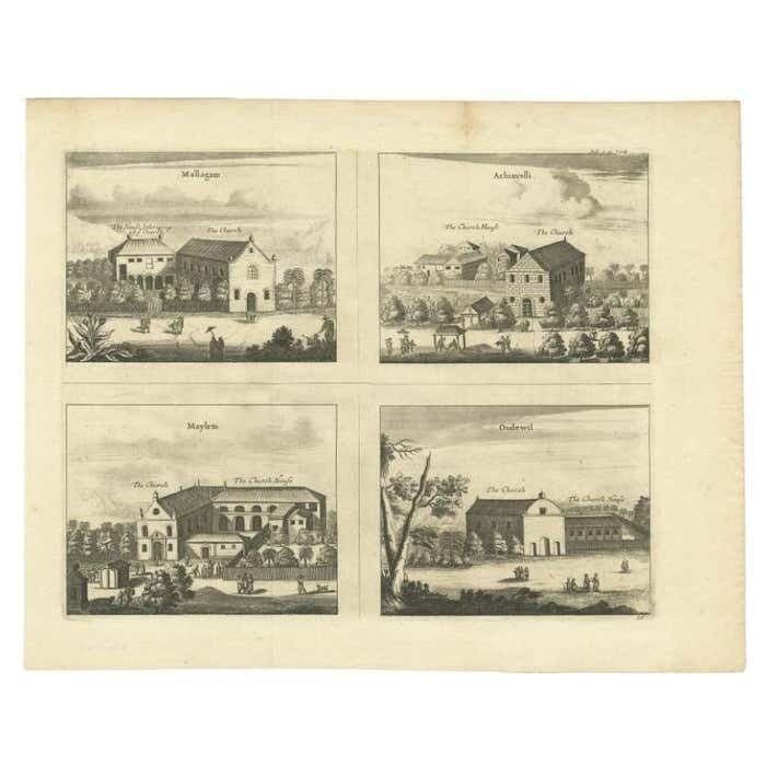 Antique Print Of Various Churches On Ceylon By Churchill, 1744