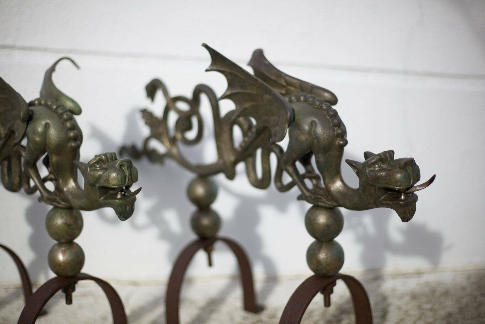 Pair Of Fireplace Andirons, Bronze And Cast Iron Andirons, Dragons, Chimeras, Griffins, Fireplace Accessories, Fireplace Hearth, Decor, Andirons photo for sale