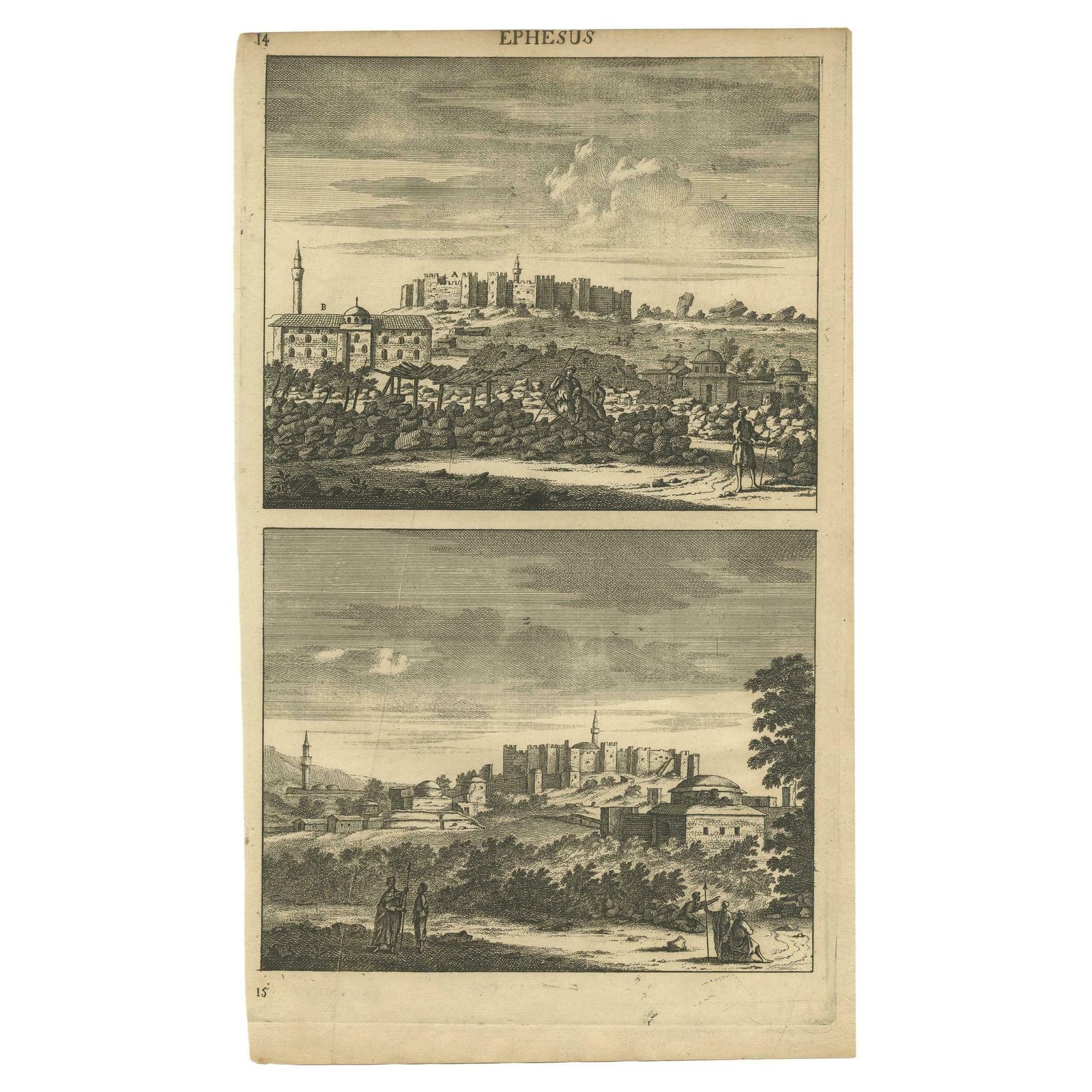 Antique Print With Views Of Ephesus, Greece, An Ancient Greek City, Now Turkish