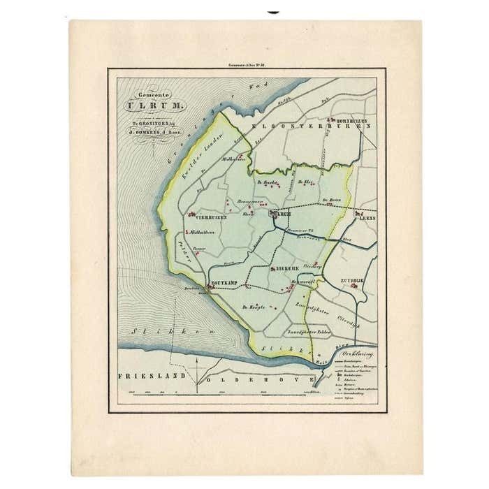 Original Antique Map Of Township Ulrum In Groningen The Netherlands 1862