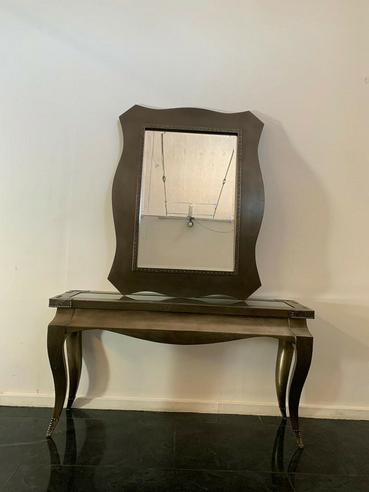 Wood, Metal And Glass Console And Mirror, 1980s photo 2985.0