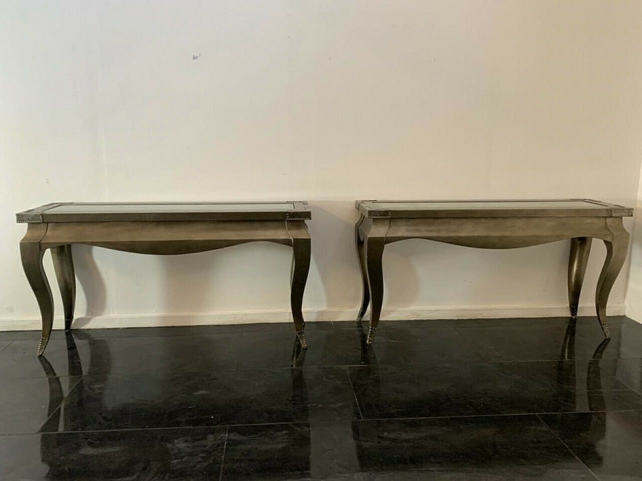 Pair Of Wood, Glass And Metal Consoles, 1980s photo for sale