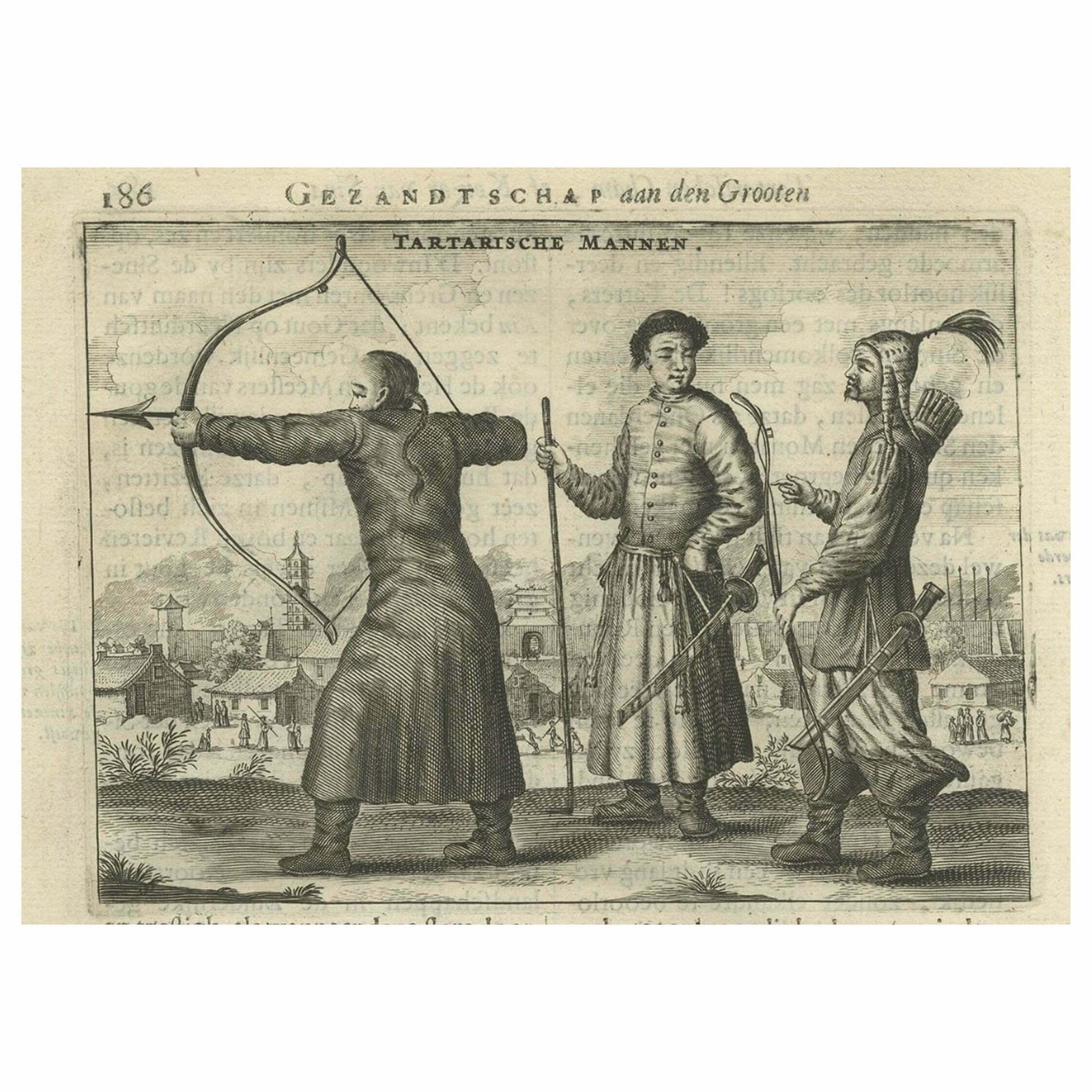 Antique Print Of Three Men From Tartary By Nieuhof, 1665