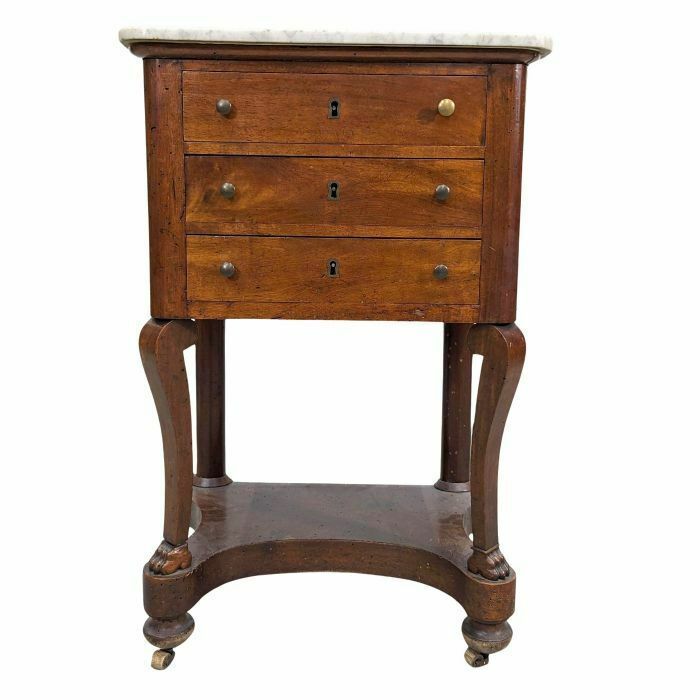 Restoration Period Bedside Table With Drawers In White Marble Walnut