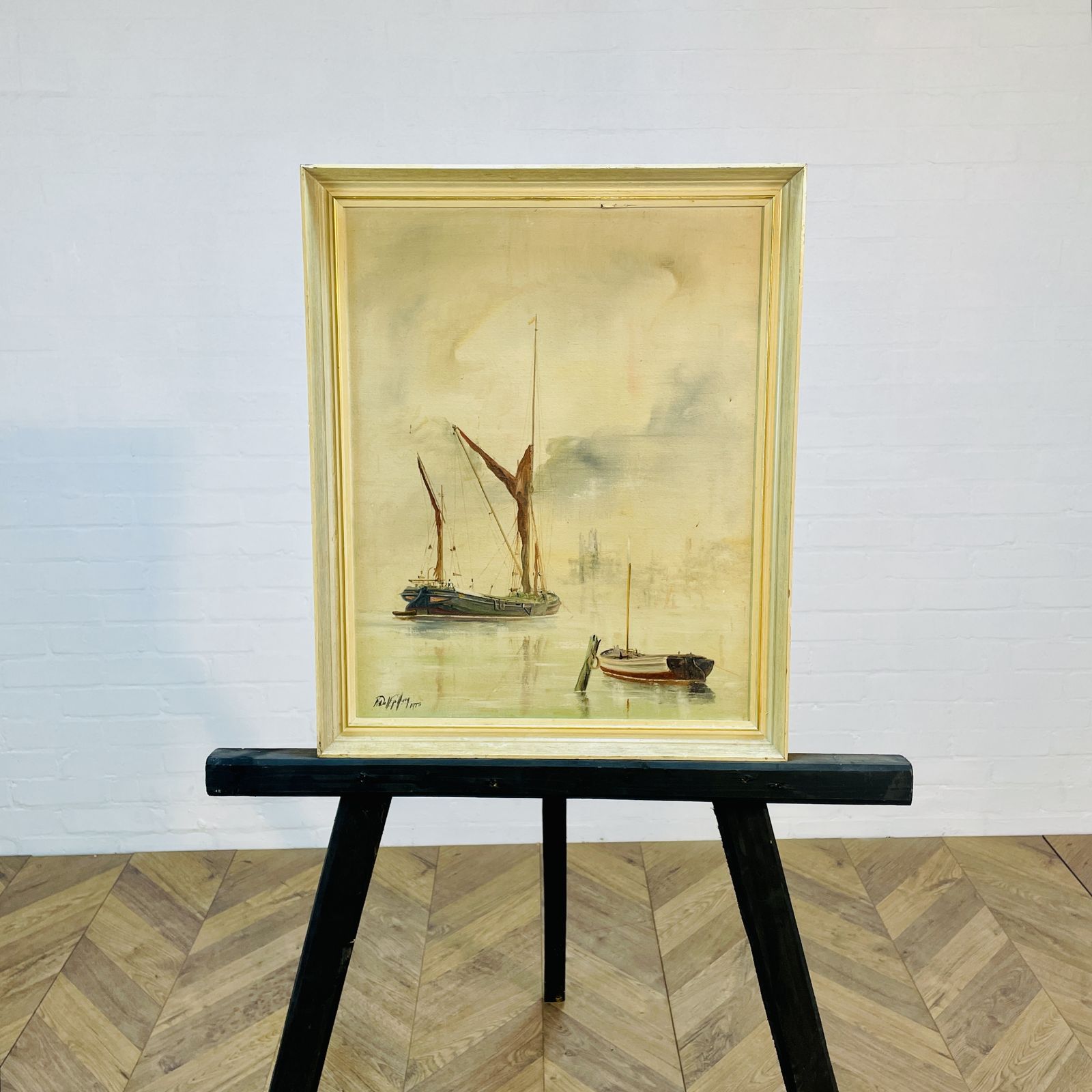 Vintage Framed British Boat Scene, Oil On Canvas, Signed, 1977