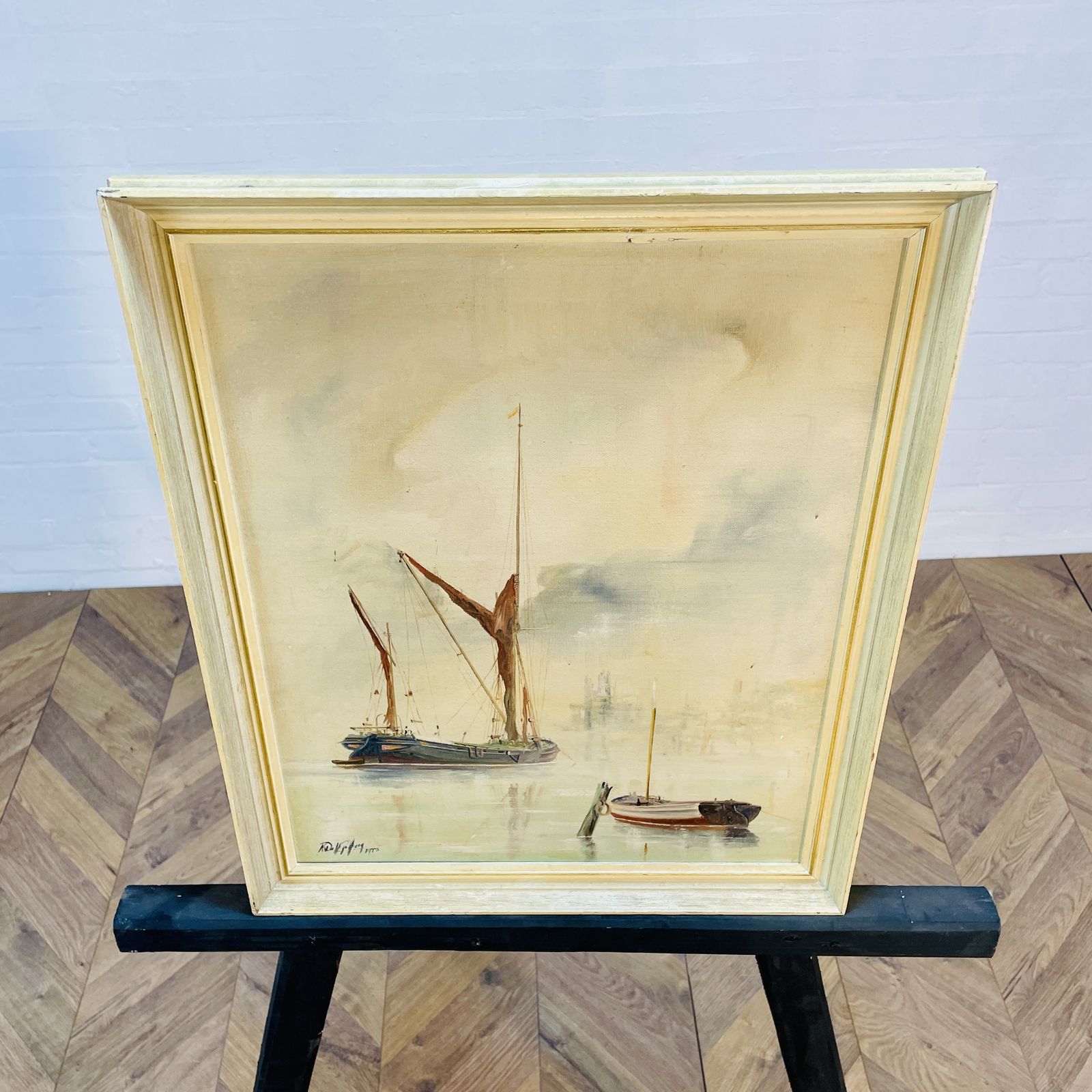 Vintage Framed British Boat Scene, Oil On Canvas, Signed, 1977 photo furniture