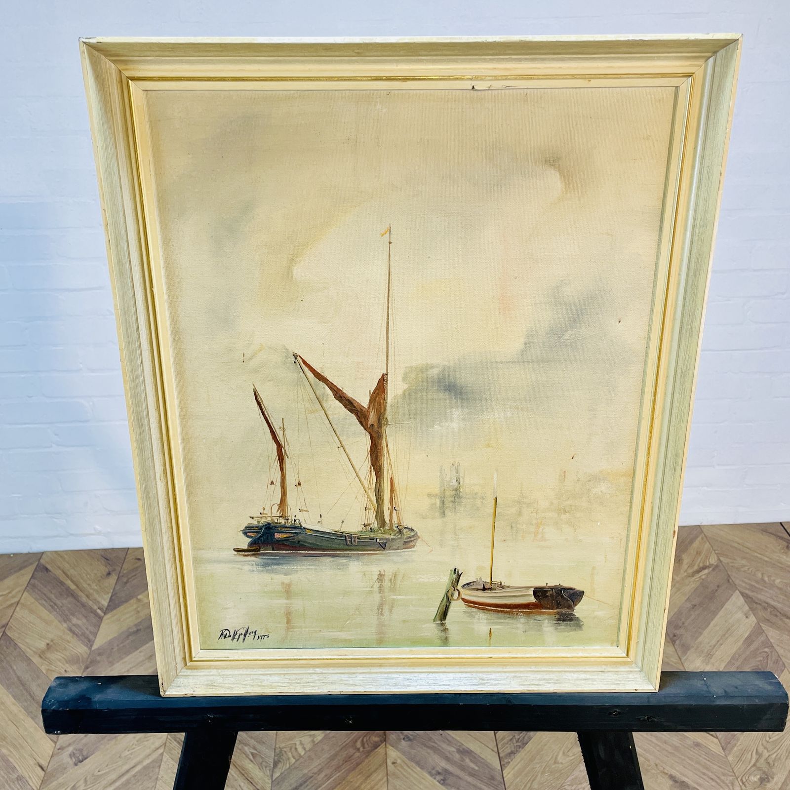 Vintage Framed British Boat Scene, Oil On Canvas, Signed, 1977 photo vintage