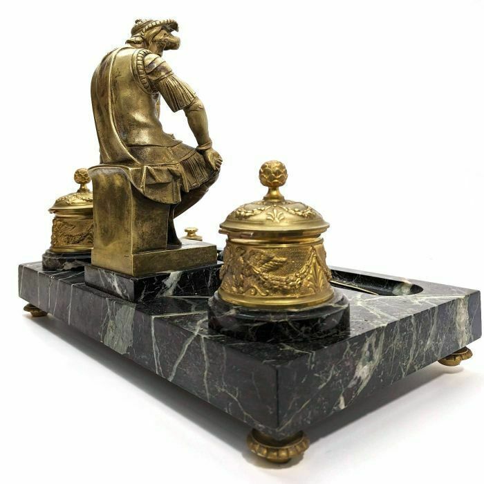 Large Laurent De Medici Inkwell By Michelangelo Green Marble photo vinterior