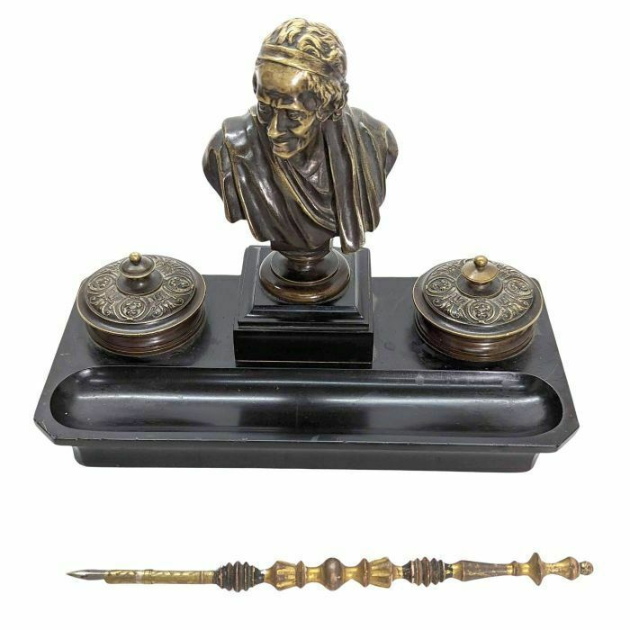 Napoleon III Bronze And Black Marble Inkwell Decorated With Voltaire photo Home Decor