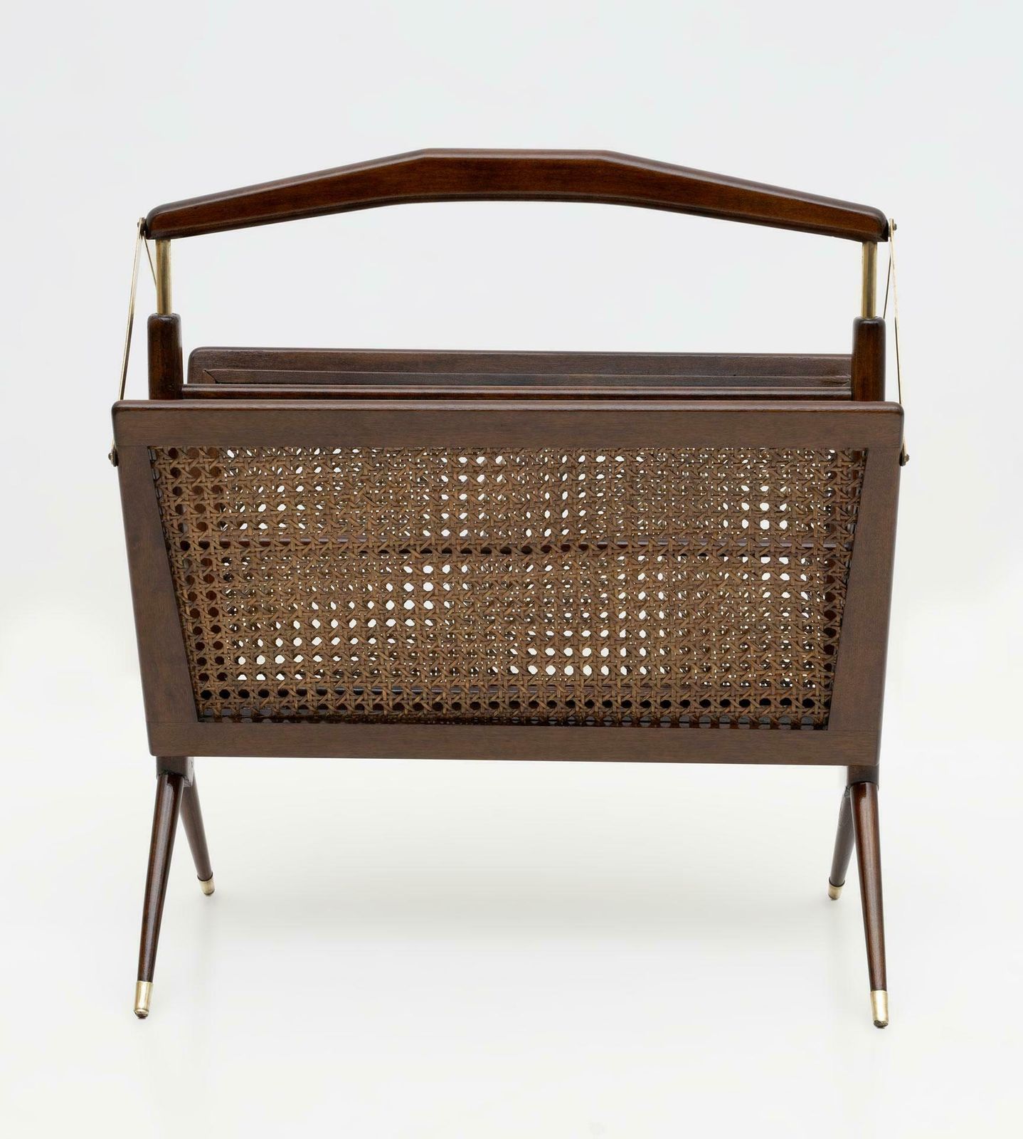 Cesare Lacca Mid Century Modern Italian Wicker And Brass Magazine Rack, 1950s photo 1010.0