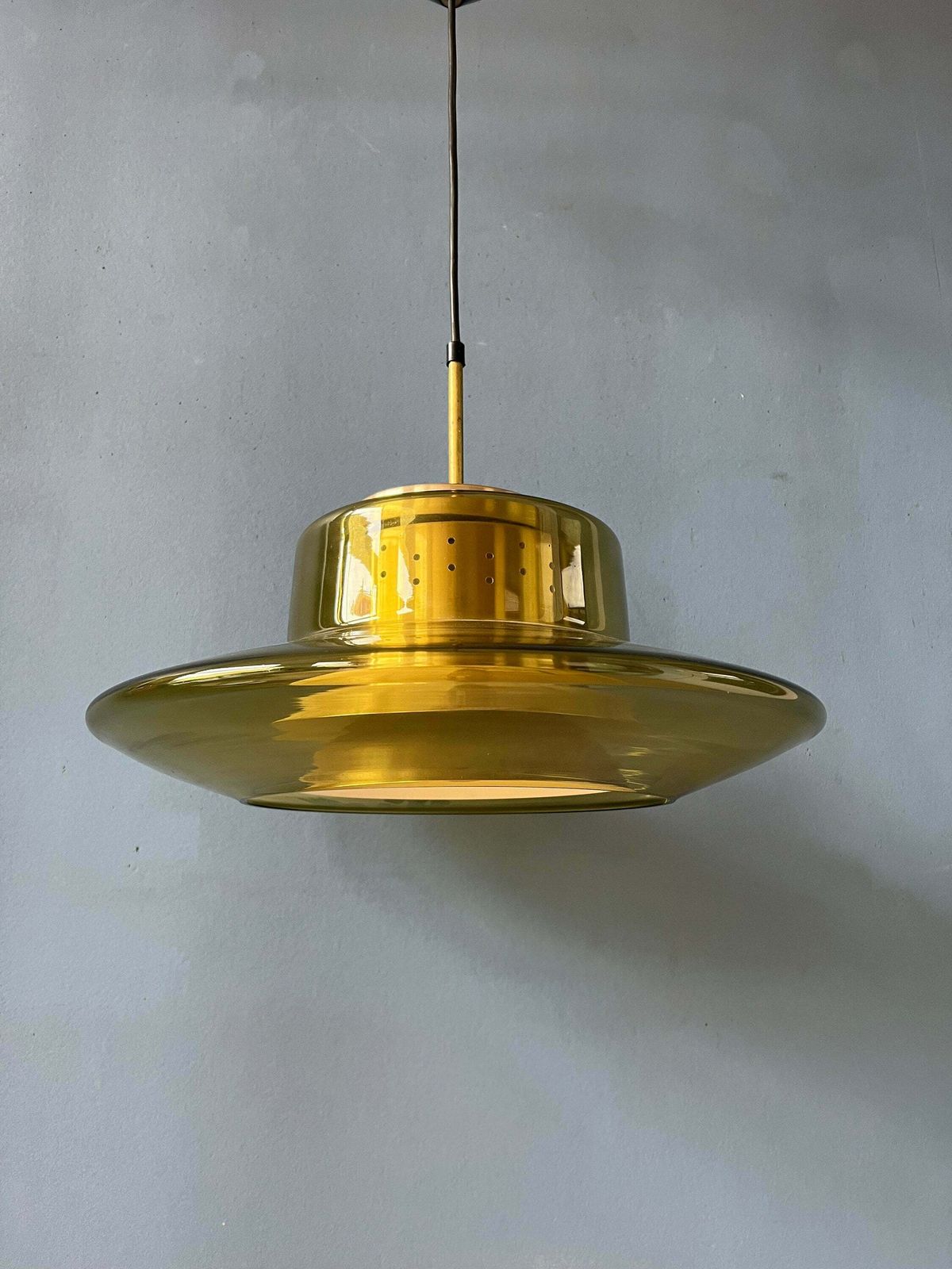 Mid Century Gele Rookglazen Dijkstra Space Age Hanglamp photo buy