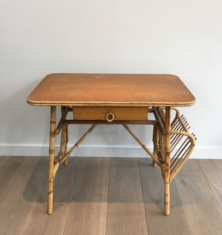 Unusual Rattan Desk (A Little Piece Of Rattan Missing On The Magazine Rack). French. Circa 1970