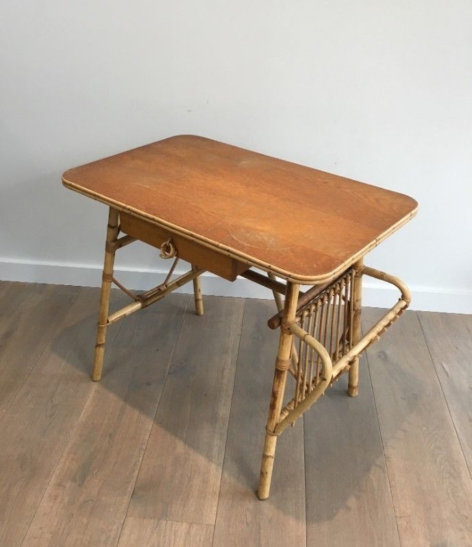 Unusual Rattan Desk (A Little Piece Of Rattan Missing On The Magazine Rack). French. Circa 1970 photo Furniture