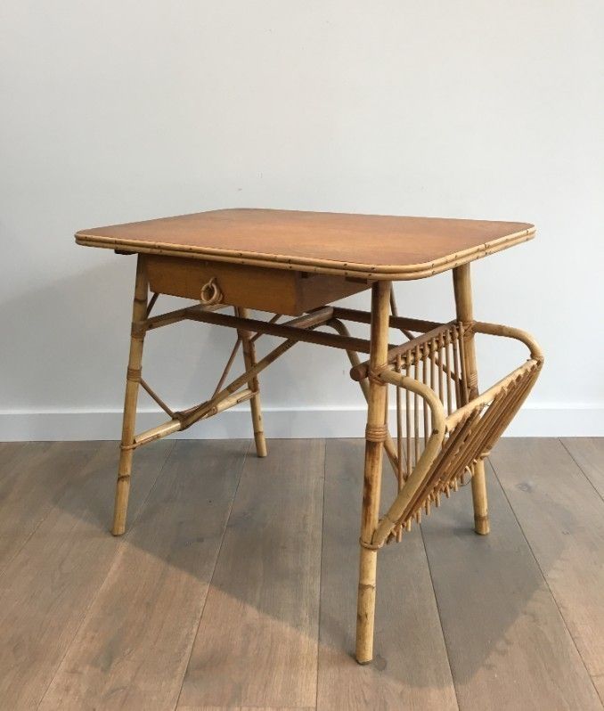 Unusual Rattan Desk (A Little Piece Of Rattan Missing On The Magazine Rack). French. Circa 1970 photo 816.0