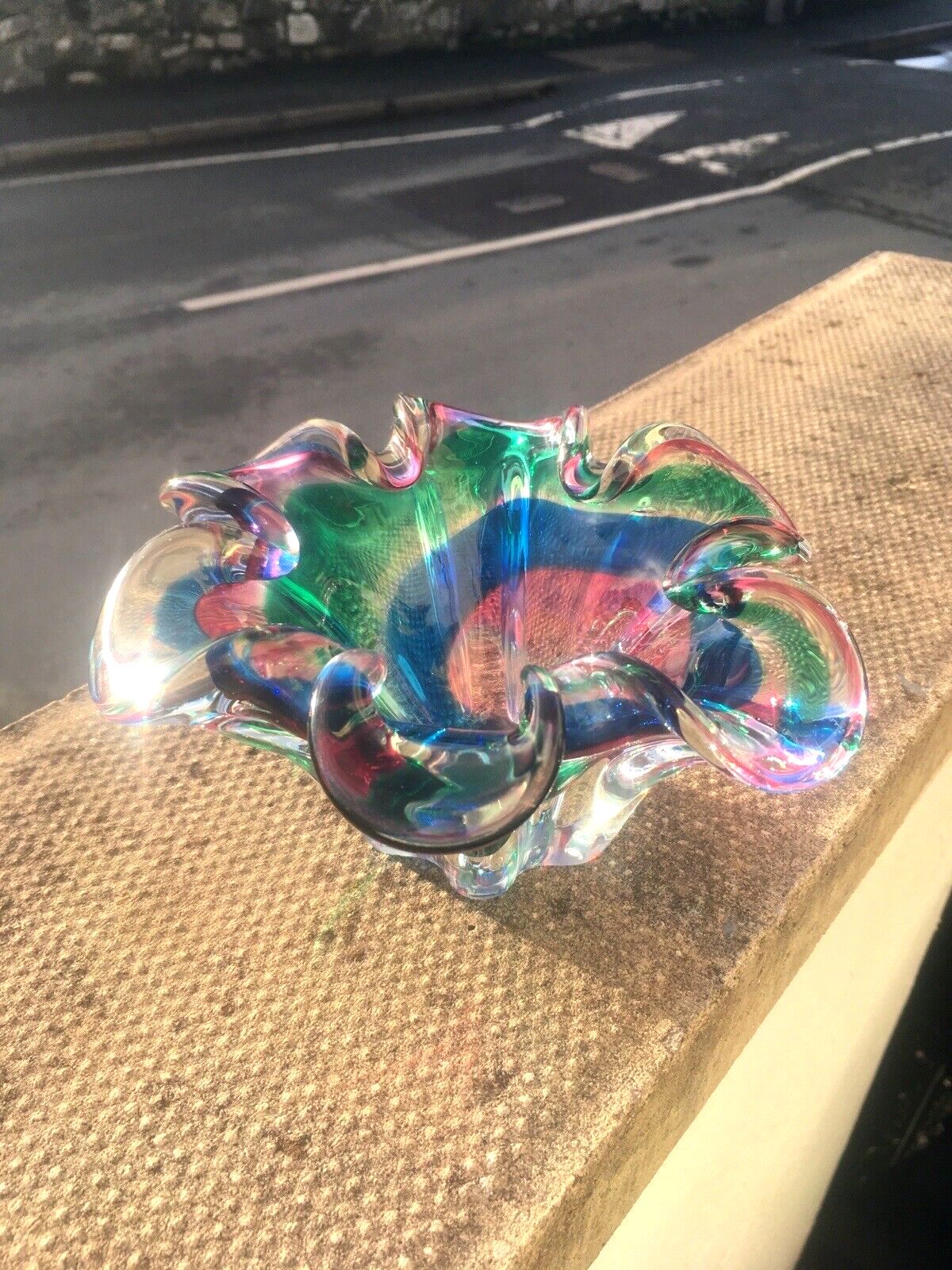 55.0 Wonderful Retro 70's Multicoloured Art Glass Bowl Iwatsu Hineri Kamei Japan Mcm photo