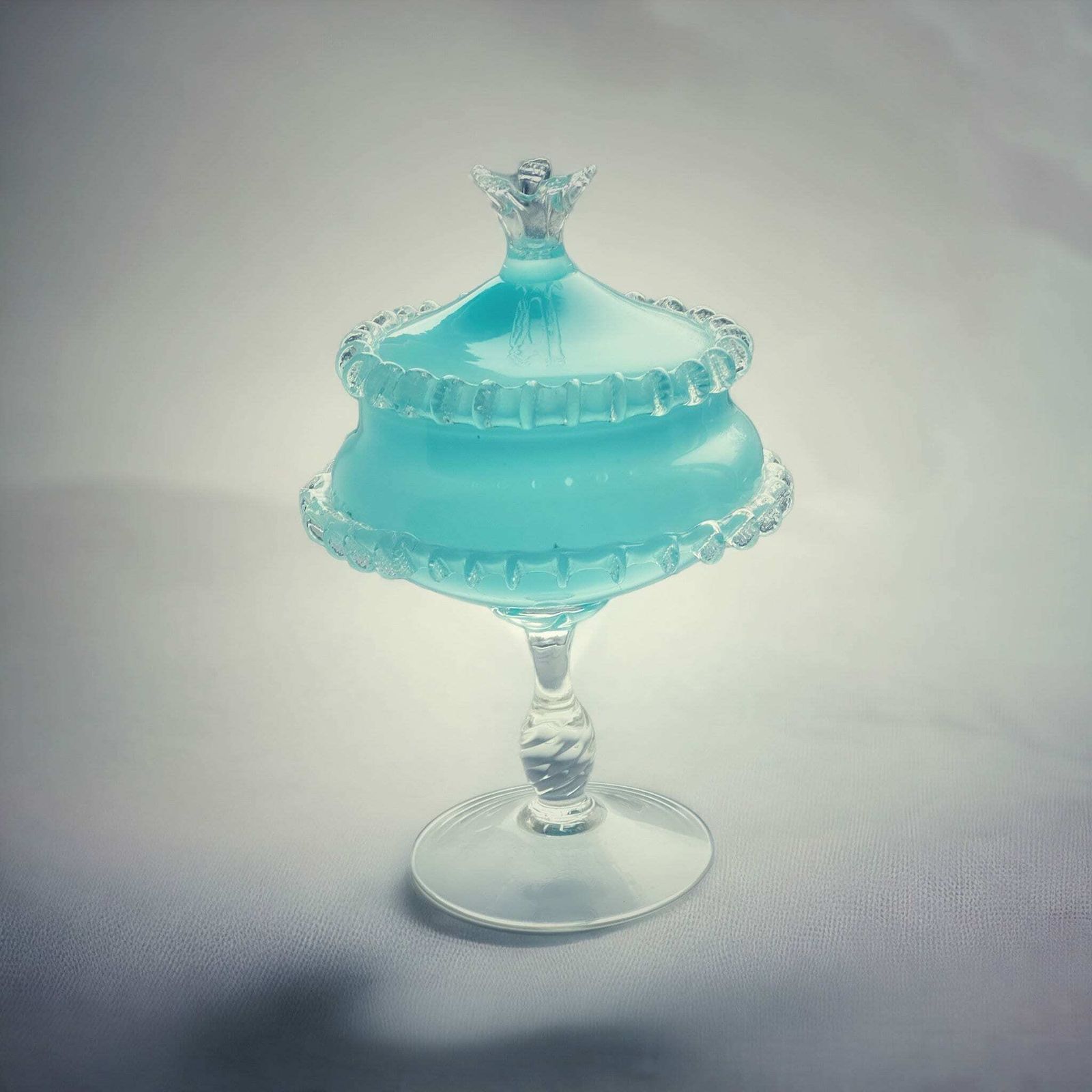 1960s Mid Century Italian Sky Blue Cased Empoli Glass Pedestal Lidded Compote Candy Dish Midcentury photo furniture