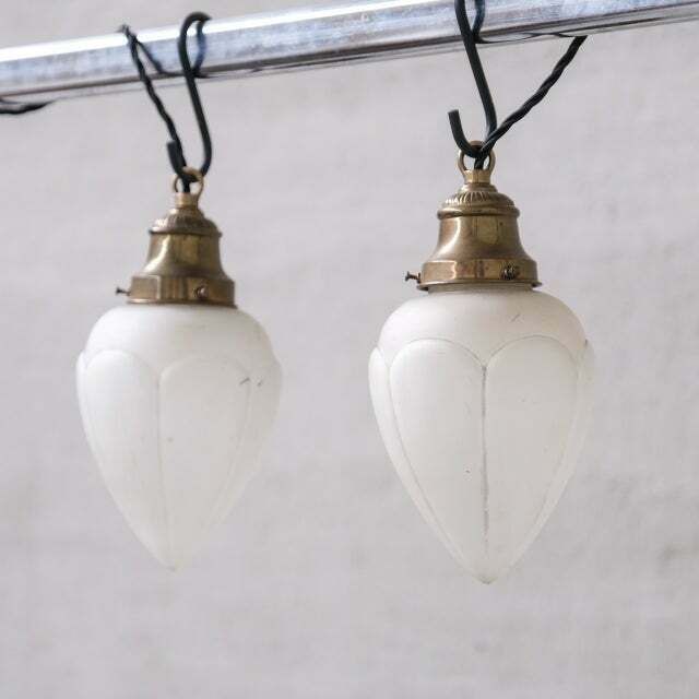 Pair Of Opaque Glass And Brass French Opaline Pendants