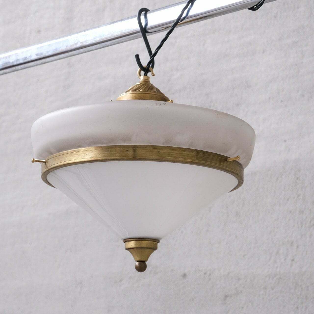 Two Tone Mid Century French Brass And Glass Pendant Light (5 Available) photo vintage