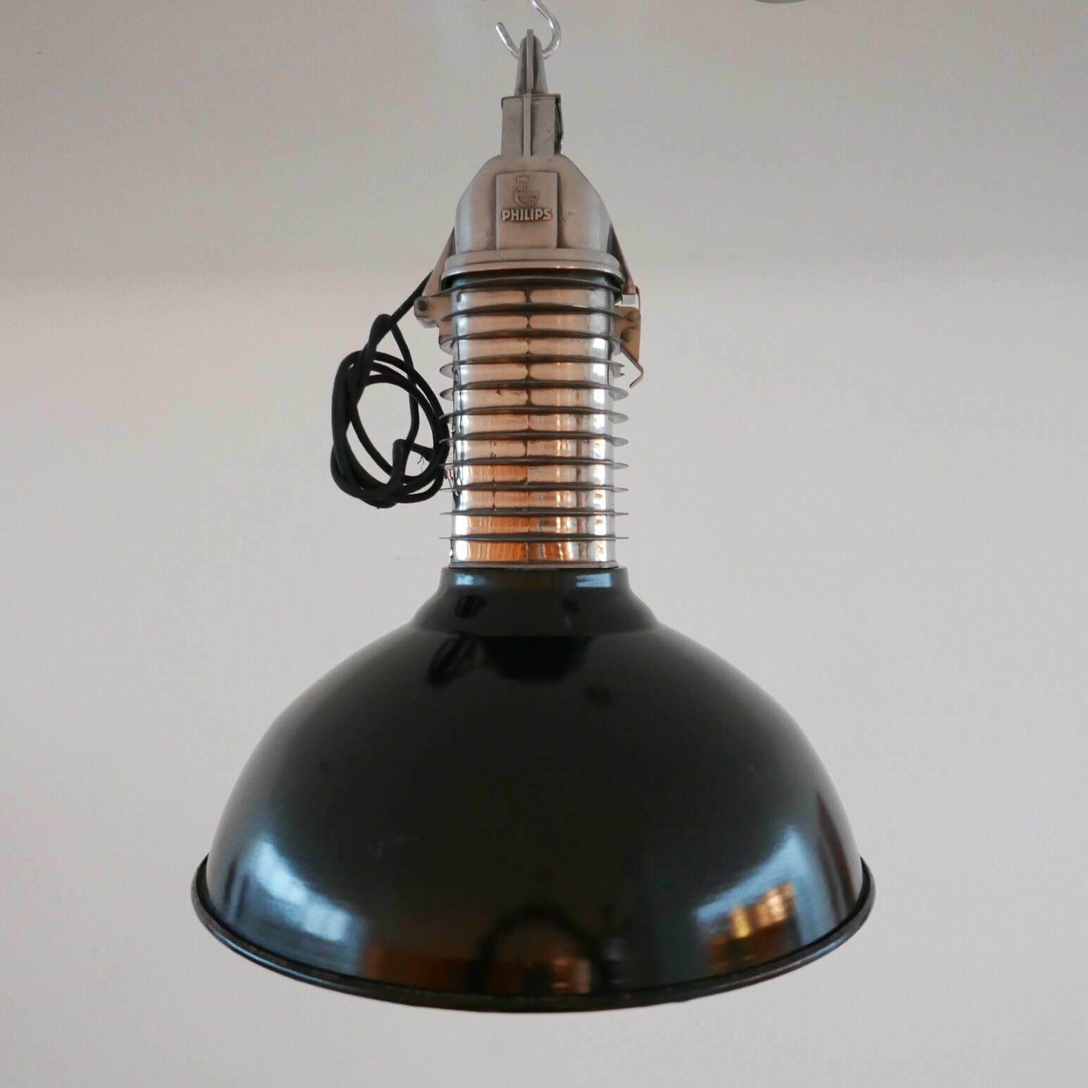 Pair Of Original Mid Century Dutch Philips Industrial Pendant Lamps