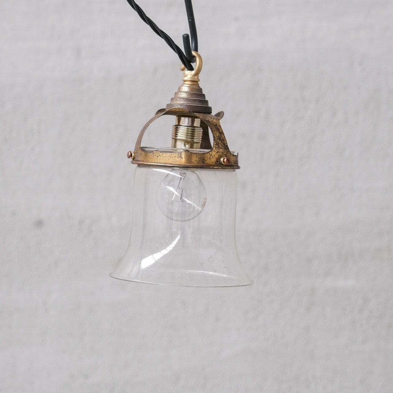 Pair Of Mid Century French Bell Shaped Clear Glass And Brass Pendants photo for sale