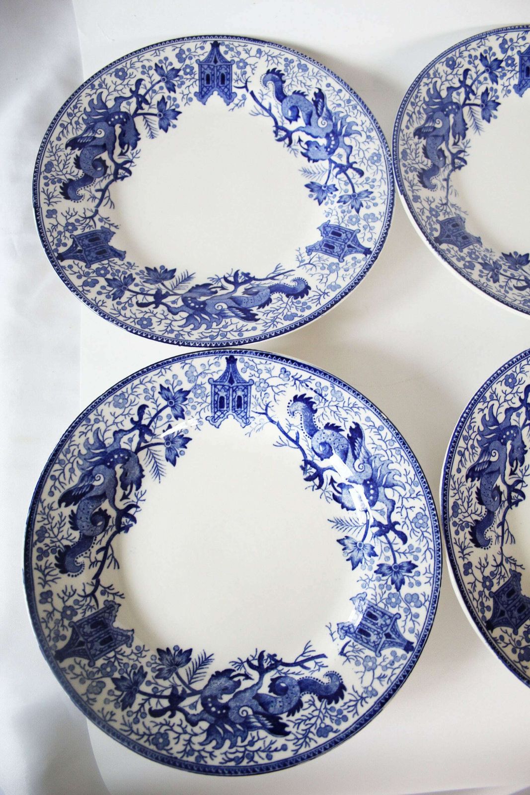 6 Vintage Keramische Dessertborden Delfts Blauw Boch België Dragon Pagodes Chinees Ontwerp Verzamelbord Blauw Wit, ø 8 Inch / 20,5 Cm photo Woonaccessoires