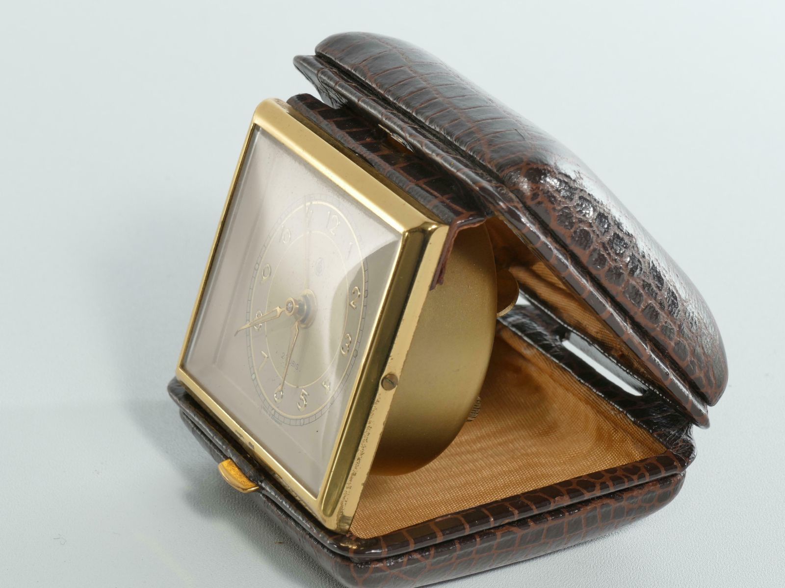 Travel Alarm Clock In Brass And Faux Snakeskin From "Gw", Germany, Ca 1950's photo vinterior