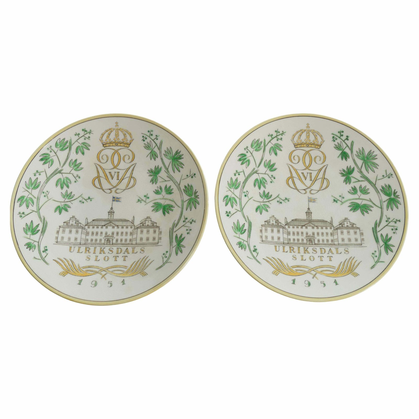 Swedish Grace Plates With Ulriksdal Palace In Yellow And Green By Gefle 1951