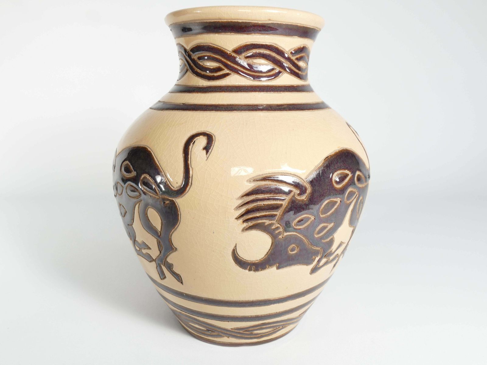Vintage Ceramic Vase With Brown Bulls And Bands photo for sale
