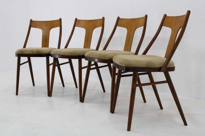 1950s Set Of Four Restored Dining Chairs In Walnut, Czechoslovakia photo for sale