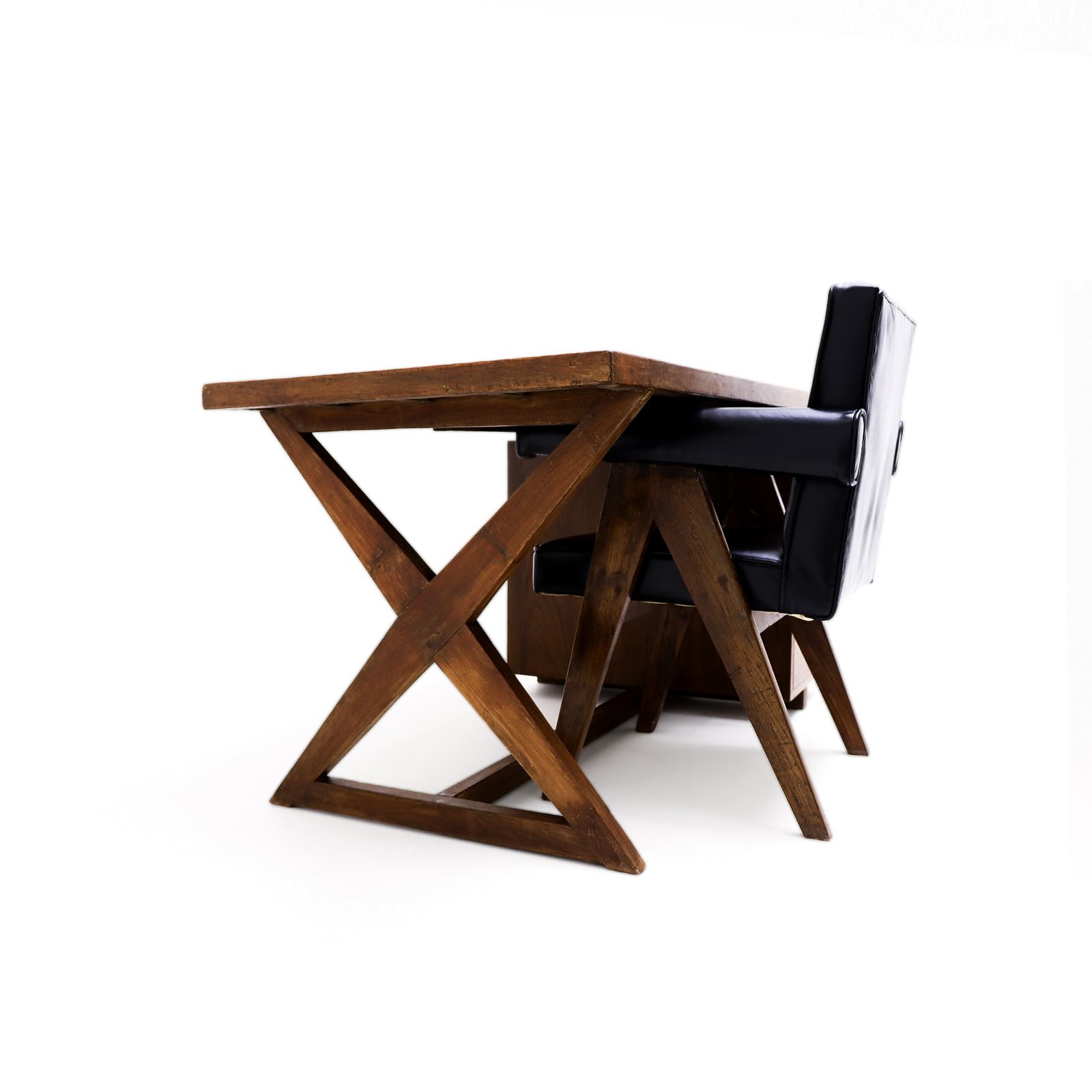 Original Pierre Jeanneret Office Set Featuring A Teak And Leather X Frame Desk Matched To A Model Pj Si 30a Committee Chair, Chandigarh, India, 1960s photo 37500.0