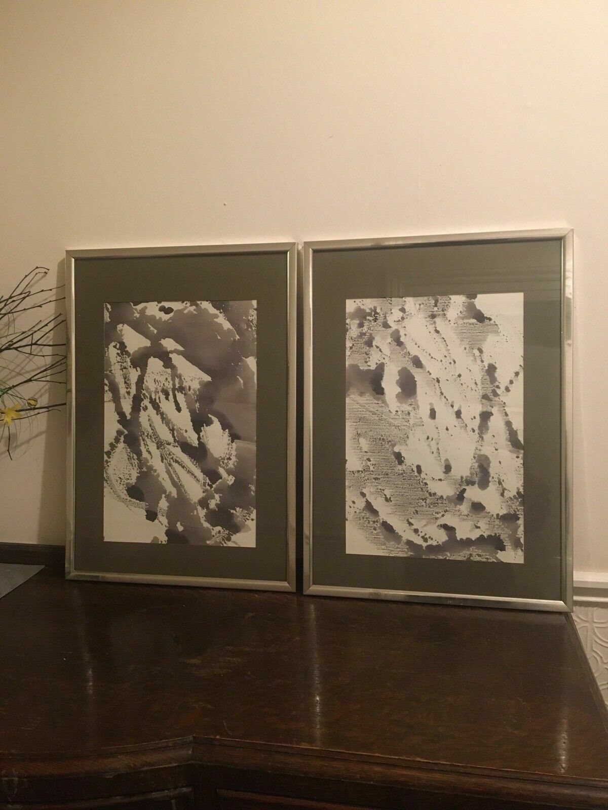 2x Original Indian Ink Minimalist Paintings On Paper Aluminium Frames 1960s 80s