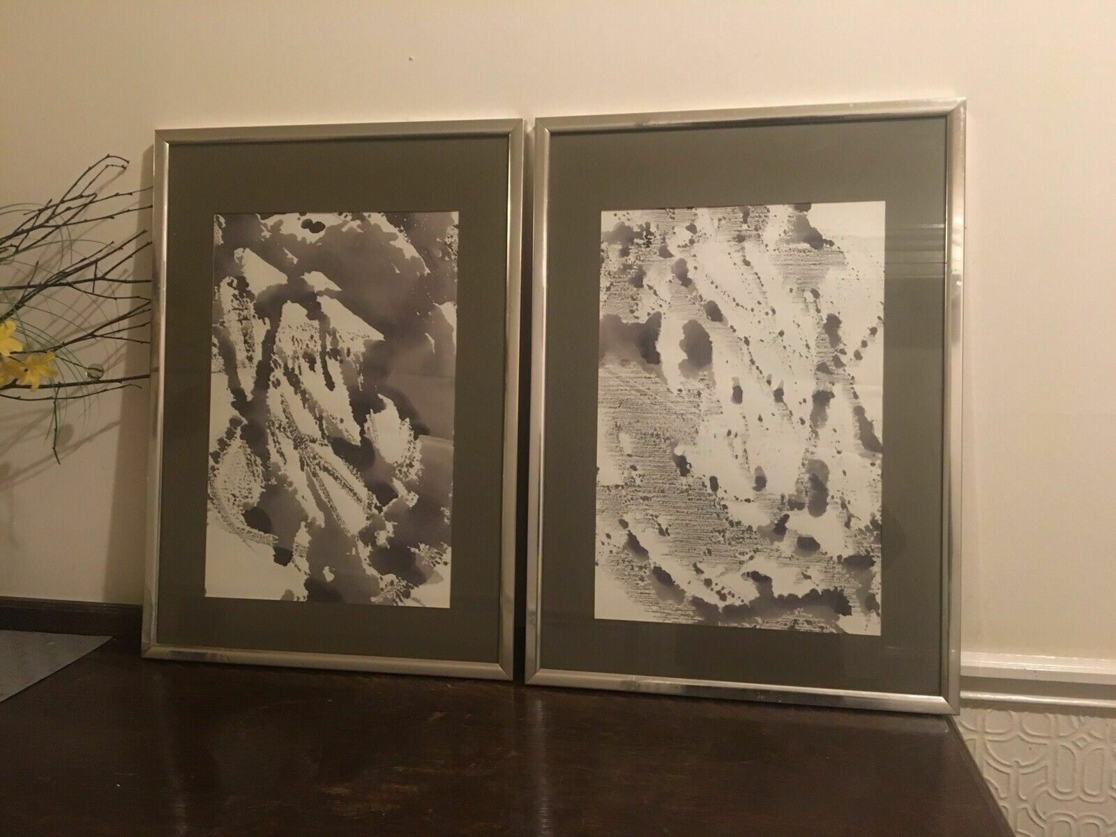 2x Original Indian Ink Minimalist Paintings On Paper Aluminium Frames 1960s 80s photo furniture