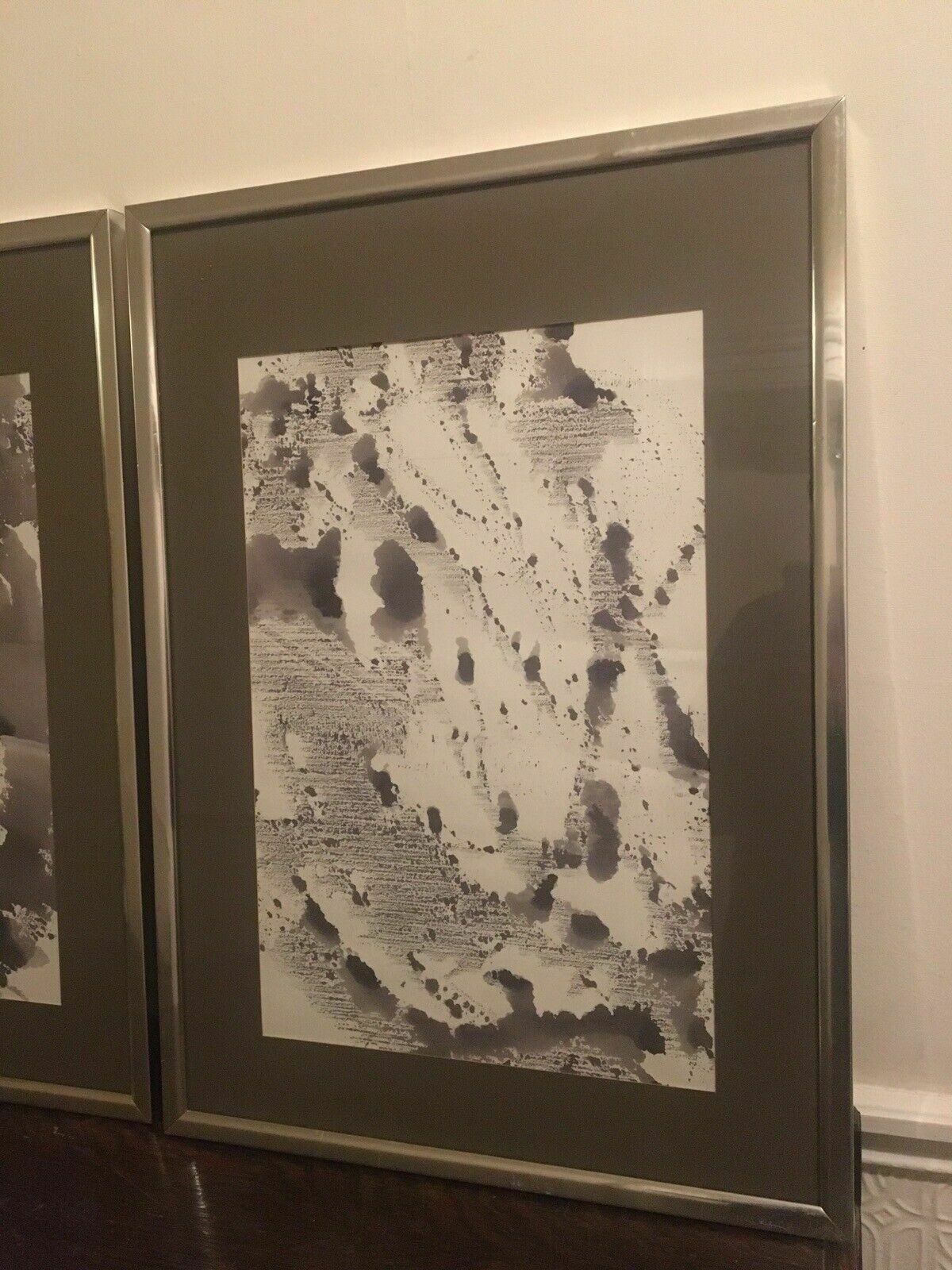 2x Original Indian Ink Minimalist Paintings On Paper Aluminium Frames 1960s 80s photo for sale