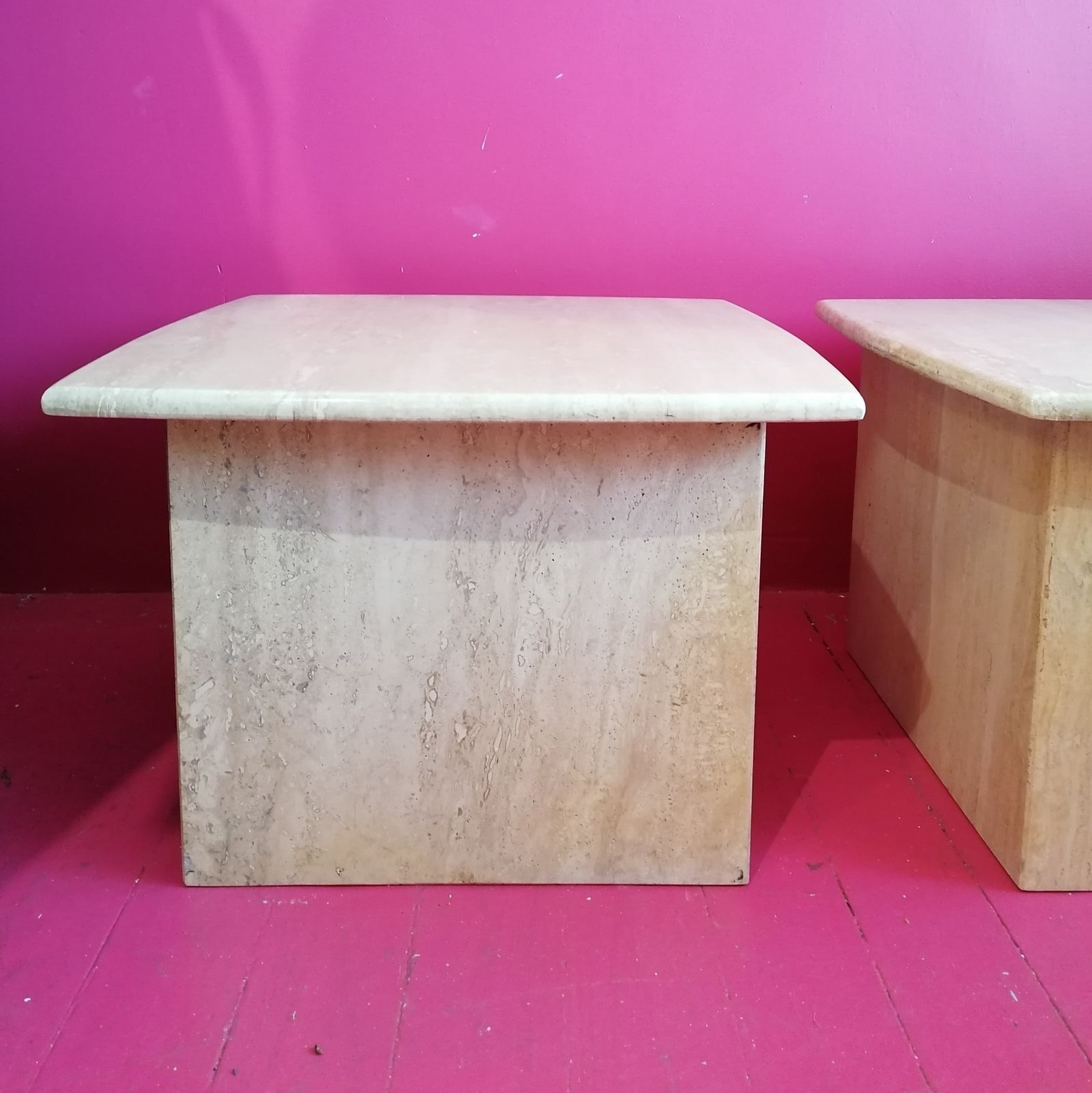photo furniture Vintage Post Modern Polished Travertine Side Or End Tables, USA 1980s, Two Available