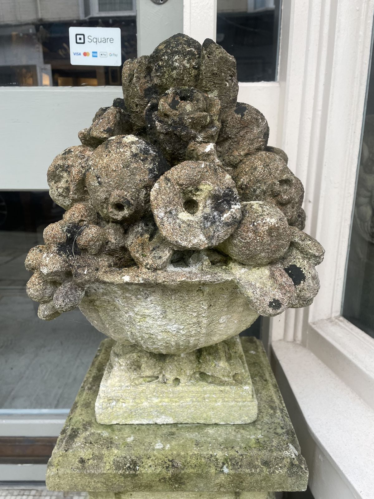 Large Pair Of Antique Hand Carved Stone Fruit Basket Urns  On Their Original Decorative Solid Stone Plinths photo for sale