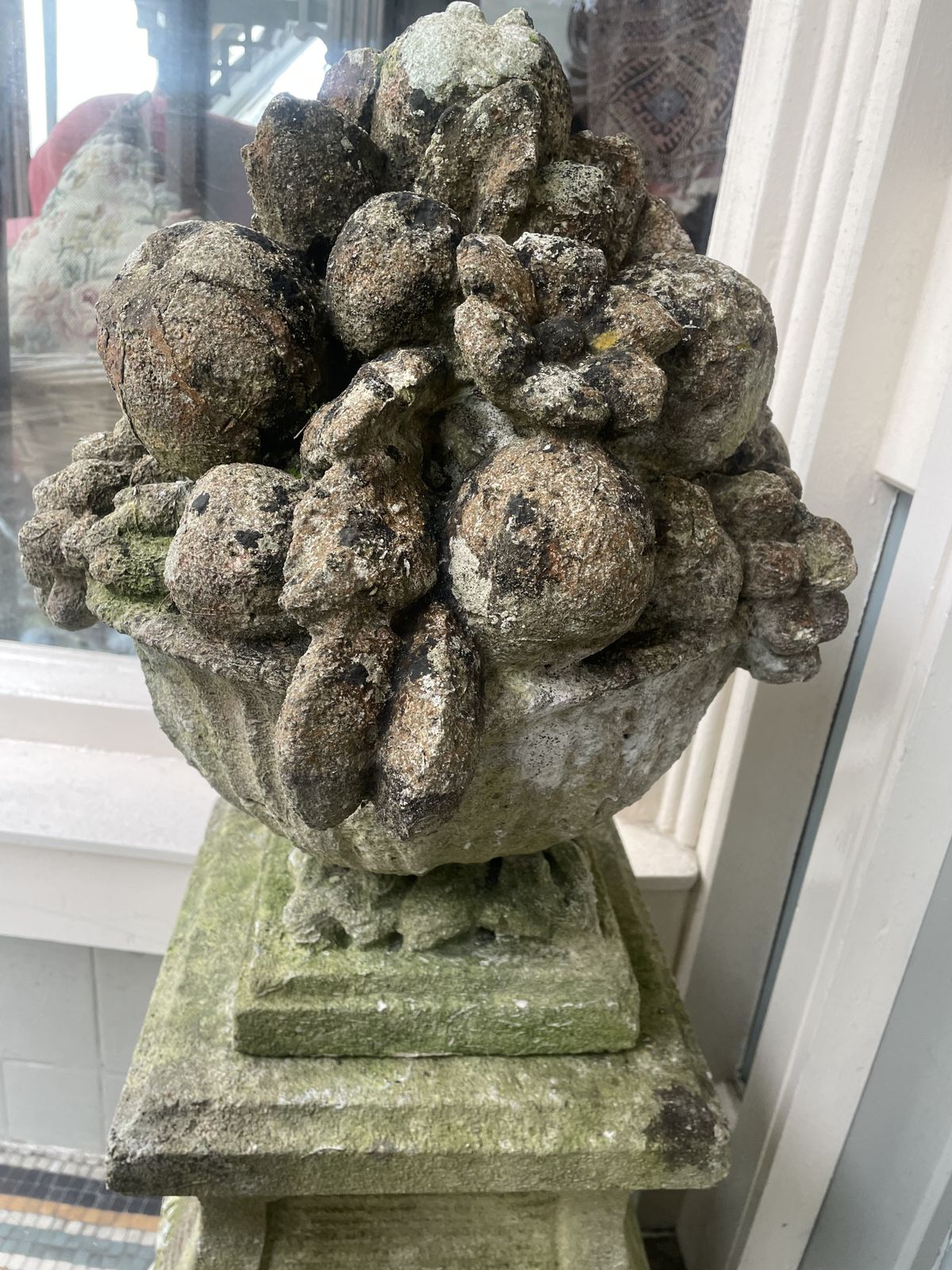 photo furniture Large Pair Of Antique Hand Carved Stone Fruit Basket Urns  On Their Original Decorative Solid Stone Plinths