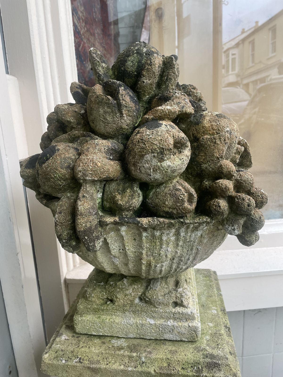photo for sale Large Pair Of Antique Hand Carved Stone Fruit Basket Urns  On Their Original Decorative Solid Stone Plinths
