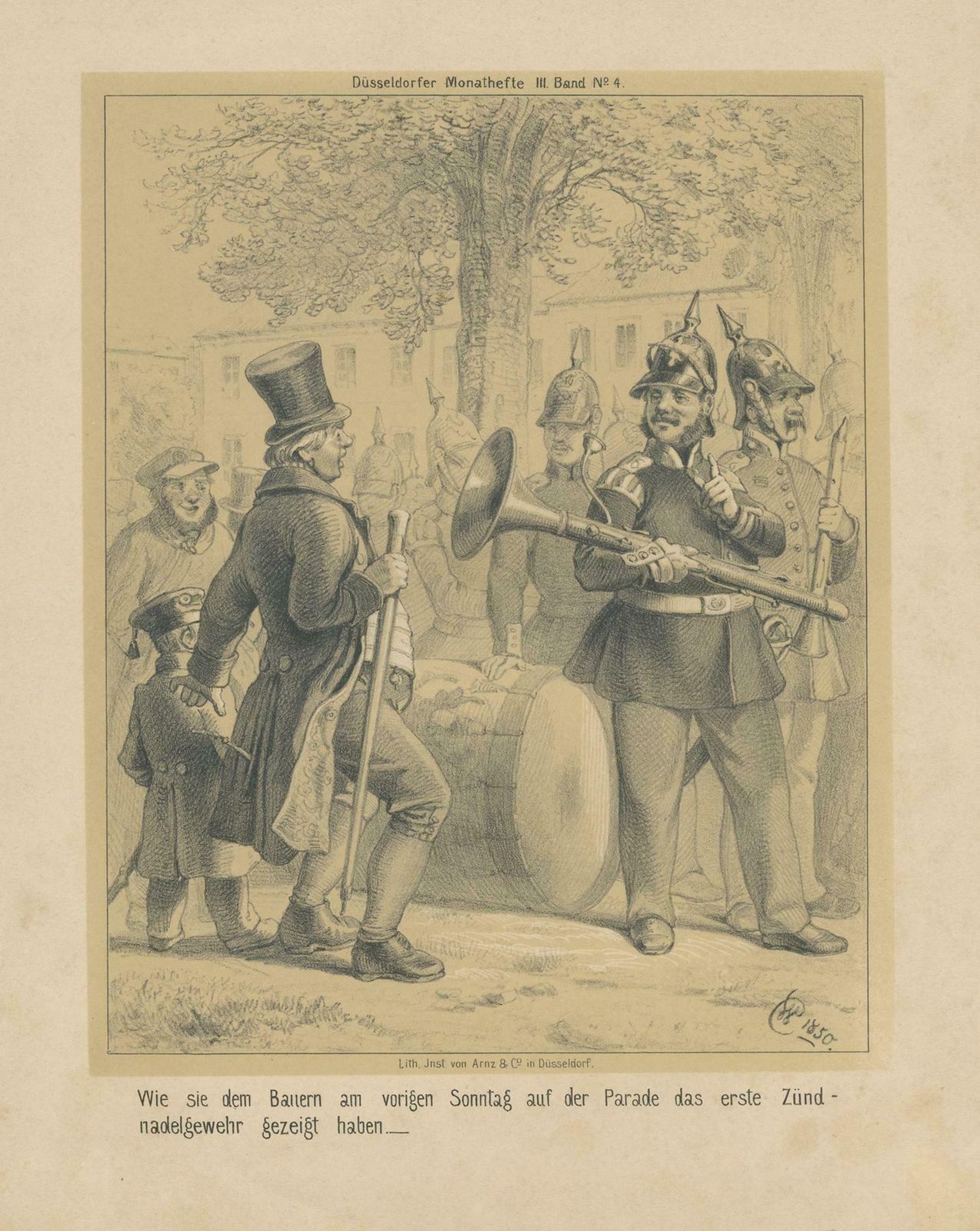 Humorous Antique Print Of Musicians Showing Their 'Gun' To A Farmer photo for sale