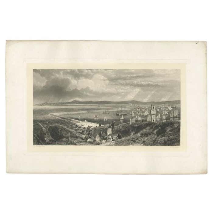 Old Decorative Maritime Print Of Ships In An Harbour, Possibly England, C.1860 photo furniture