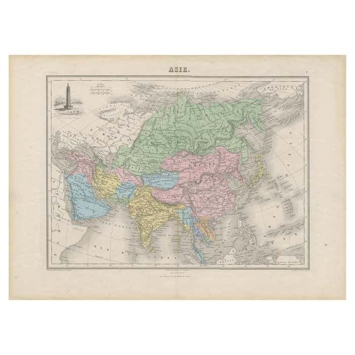 Antique Map Of Asia With The Porcelain Tower At Nanjing, China, 1884